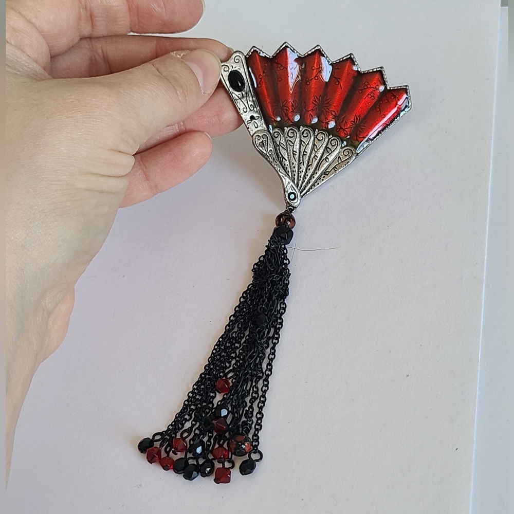 Vintage Chico's Silver Tone Red Enamel Boho Black Beaded Tassel Fan Brooch Pin